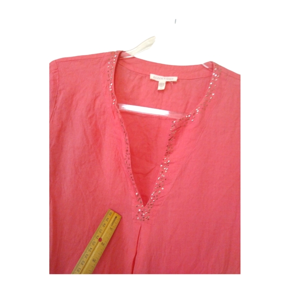 Eileen Fisher Womens Coral Pink 100% Irish Linen Sequin V-Neck Boho Tunic Top XS - Picture 6 of 16